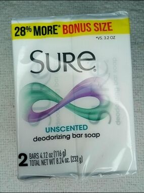 NIB 2 Sure Unscented Deodorizing Soap Bar Set Individually Sealed Bath Body Wash